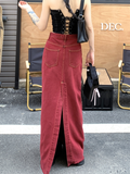 Fashionkova  Party Outfit  Women's Red Split Back Denim Skirt Summer Chic Design Street Style Solid Color Female Straight Floor Length Long Skirts