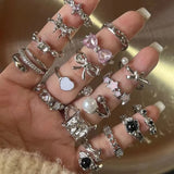 Fashionkova Kpop Y2K Romantic Lovely Silver Color Bow Heart Irregular Geometry Open Finger Rings For Women Grunge EMO Jewelry Accessories