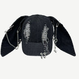 Fashionkova Niche Y2k Rabbit Ears Denim Ripped Baseball Cap Men and Women Dark Personality Metal Ring Street Trend Adjustable