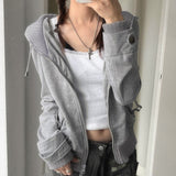 Fashionkova Hooded Gray Streetwear Slim Coats Women Striped Patchwork Y2K Jacket Double Zipper Retro Sweatshirt Casual Long Sleeve Outerwear