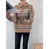 Fashionkova Vintage Print Sweater Women Christmas Red Knitted Pullovers Korean Half Zipper Long Sleeve Knitwear Fall Winter Casual Jumpers ootd