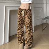FashionKova-Y2K drawstring loose personality leopard print plush casual pants American Spice Girls elastic low waist slimming wide leg pants