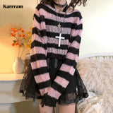 Fashionkova party look inspos Karrram Pink Striped Gothic Sweaters Women Ripped Holes Loose Knitted Pullover Frayed Fairy Grunge Jumpers Emo Streetwear Lolita