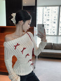 FashionKova-Sweater Bow Pullover Off Shoulder Y2k Korean Style Knit Woman Clothing 2000s Sweet Kawaii Harajuku Long Sleeves Autumn Winter