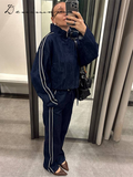 Fashionkova Street Denim Stripe Pants Set Women Long Sleeve Stand Collar Pocket Zipper Jacket Suit 2025 Straight Lace Up Casual Jeans Sets