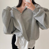 Fashionkova Solid Color Half Zip Up Oversized Sweatshirt