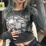 Fashionkova party look inspos Women retro Eyes Print Tops Fairy Grunge Graphic Spring T Shirts Vintage Indie Aesthetic Clothes Cyber Y2k Slim Long Sleeve Top