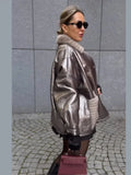 Fashionkova party look inspos 2024 Silver Fur Leather Patchwork Lapel Coat Women New Single Breasted Pockets Long Sleeve Jackets Chic Female Streetwear