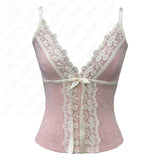 FashionKova-Sweet Y2k Polka Dot Slim-fit lace Trim V-neck halter tops Women's bow asymmetrical chic Camis hot Sweet Chic retro Streetwear