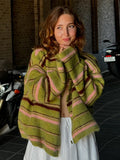 Fashionkova Green Stripe Knitted Cardigan Street Trend Contrasting Color Sweater Coat Jacket Retro Women's Loose Wool Knitwear Top Autumn ootd outfit idea