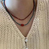 Fashionkova Korean Fashion Cute Retro Red Blue Beaded Choker Necklace For Women Aesthetic Y2K Charms Jewelry Accessories Wholesale