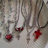 Fashionkova Red Thorn Heart Patchwork Star Cross Tassel Pendant Chain Necklaces Women Men Goth Punk Hip Hop Party Grunge Y2K Jewelry Gifts