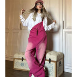 Fashionkova  Party Outfit  Women's Gradient Rose Red Design Overalls Girl Suspender Jumpsuits Pants Casual Female Streetwear Rompers Straight Trousers