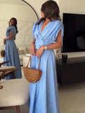 Fashionkova Women Summer Elegant Pleated Bow V Neck Blue Long Dresses 2024 New Sleeveless Wrapped Waist Maxi Dress Lady Vacation Party Robe ootd