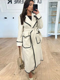 Fashionkova party look inspos Vintage Patchwork Coat For Women Autumn Winter Elegant Lapel Lady Coats With Belt 2024 Fashion Pocket Long Sleeve Female Outwear