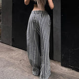 Fashionkova party look inspos Black White Striped Print Women Casual Pants Fashion Low Waist Cargo Pants All-matched Straight Trousers Spring Outfits