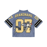Fashionkova Cotton cartoon letter splicing color jersey oversized V-neck baggy T-shirts women clothing summer fashion trend couple y2k tops