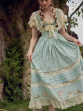 Fashionkova French Fashion Prairie Chic Sweet Lace Patchwork Midi Dress Women's Clothes Summer V-neck Slim Fit Fairy Style Elegant Dresses ootd