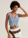 Fashionkova Fashion Cropped Jeans Waistcoats Women's Sleeveless V Neck Button down Denim Vests for Streetwear Basics Tank Tops Fairycore