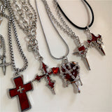 Fashionkova Y2k Red Cross Love Heart Pendants Necklace for Women Men Fashion Hip Hop Rope Chain Rave Gift Gothic Trendy Jewelry Accessories