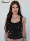 Fashionkova Ribbed Sleeveless Crop Tank With Water Droplets Diamond Decorate Sexy Elegant Top Party Club Streetwear Spring Summer