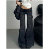 Fashionkova Black Womens Jeans High Waist Vintage Straight Winter Denim Pants Street Multiple Pockets American Wide Leg Baggy Denim Trouser