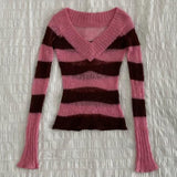Fashionkova Women Fashion Y2K striped semi-transparent long sleeve knit winter street wear V-neck pullover casual slim-fit knit sweater Emo Casual Outfit
