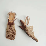 Fashionkova 2025 Summer Luxury Designer Sandals Women's Lace Mesh Square Toe Shallow Narrow Strap Braided Slip-on High Heels Sandals Spring Style 2025