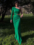 Fashionkova Long Sleeve One Shoulder Maxi Dress Cut Out Ruched Slit Bodycon Sexy Prom Party Elegant Evening Y2K Clothes Birthday