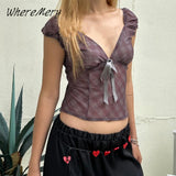 Fashionkova Retro American Plaid Slim Top New Mesh Splicing Bow V-Neck Tank Top Spring  Commute High Street Sexy Vest 2025 Women's Spring Style 2025