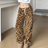 FashionKova-Y2K drawstring loose personality leopard print plush casual pants American Spice Girls elastic low waist slimming wide leg pants