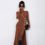 Fashionkova party look inspos Elegant Sexy Women Long Dress Casual Buttons V-neck Full Sleeve High Vent Slim Fit Dresses Fashion Female Outfits Party