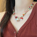 Fashionkova Fashion Cute Bird Mushroom Pendant Colorful Beads Retro Clavicle Chain Necklaces For Women Girl Aesthetic Exquisite Jewelry Gift