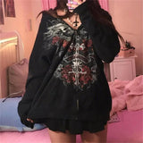 Fashionkova Mall Goth Skull Graphic Print Hoodie Dark Preppy Y2k Grunge Sweatshirts Jacket Harajuku Aesthetic Retro Women Fairycore Clothes