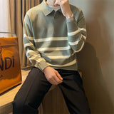 Fashionkova Christmas Gift outfit  Autumn Simple Lapel Striped Sweater For Men Casual Vintage Korean Fashion Knitwear Top New Y2K Loose Knitted Pullover Jumper