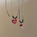 Fashionkova Trendy Y2K Cute Red Heart Mushroom Pendant Adjustable Black Rope Sweater Chain Necklace For Women Party Christmas Jewelry Gifts