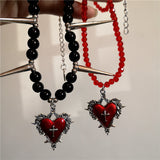 Fashionkova Y2K Gothic Jewelry Heart Rose Cross Pendant Black Beaded Chain Rivet Necklace For Women Men Punk Vintage Grunge Neck Accessories