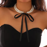 Fashionkova Boho Black Bow Pendant Necklace 2024 Women's Multi Layer Sweet Imitation Pearl Beads Girl Fashion Wedding Jewelry ootd