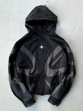 Fashionkova  Fashion Contrast Hooded Coat Men's Retro Oversized Zipper Cropped Jacket Street Hip Hop Splicing Bomber Jackets Gothic Hoodies