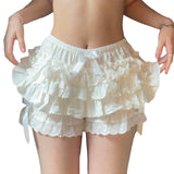 Fashionkova party outfit  Women y2k Lace Splice Shorts Layered Bodycon Ruffle Elastic Waist Shorts Bow Sweet Kawaii Harajuku Mini Short Pants Streetwear