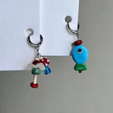 Fashionkova Y2K Cute Asymmetrical Enamel  Fish Mushroom Pendant Drop Earrings For Women Girls Aesthetic Fashion Jewelry Accessories Gifts