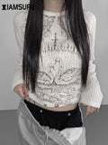 Fashionkova IAMSURE Vintage Basic Printed T Shirt Casual Slim O-Neck Long Sleeve Tees Women 2024 Autumn Spring Fashion Streetwear Underwear