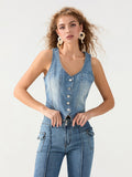 Fashionkova Women's Denim Vests Stylish Sleeveless V Neck Button Down Slim Fit Waistcoats Crop Tops for Streetwear Grunge Clothes Fairycore