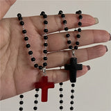 Fashionkova Gothic Vintage Glass Red Cross Pendant Black Rope Necklace For Women Men Couple Jewelry Aesthetic Trendy Accessories Wholesale