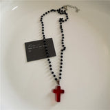 Fashionkova Punk Gothic Red Glass Cross Heart Pendant Pearl Necklace For Women Men Hip Hop Y2K 90s Short Choker Charms Jewelry Accessories