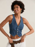 Fashionkova Fashion Cropped Jeans Waistcoats Women's Sleeveless V Neck Button down Denim Vests for Streetwear Basics Tank Tops Fairycore