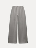 Fashionkova party look inspos Fashion Solid Long Pant Set for Women Casual O Neck Long Puff Sleeve Pullover Wide Leg Trousers Suit Female Commuter 2Pcs Outfit