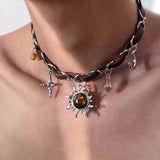 Fashionkova Trendy Punk Goth Charm Sun Cross Butterfly Pendants Choker Chain Necklace Korean Men Women Y2K EMO Grunge Accessories Jewelry