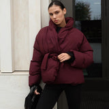 Fashionkova party look inspos Burgundy Thick Warm Cotton Jacket Stand Collar Long Sleeve Short Coat Lace Up Casual Coats 2024 Winter Lady Commuter Outerwear