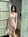 Fashionkova Summer French Vintage Mini Prom Gown Spaghetti Strap Dress Tie Dye Women Coquette Frocks Party Evening Hot Sexy One-Piece Y2k